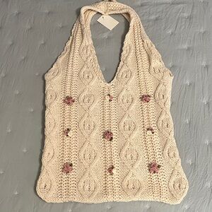 NWT Ivory Knit Bag with Pink Floral Accents